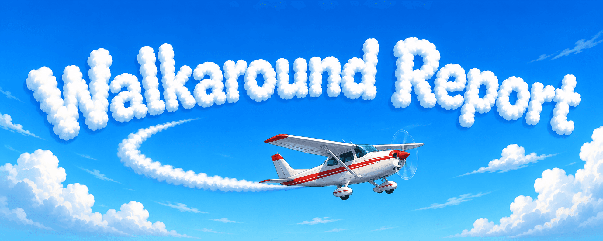 Walkaround Report — a Cessna trailing a smoke trail under cloud-letters spelling Walkaround Report